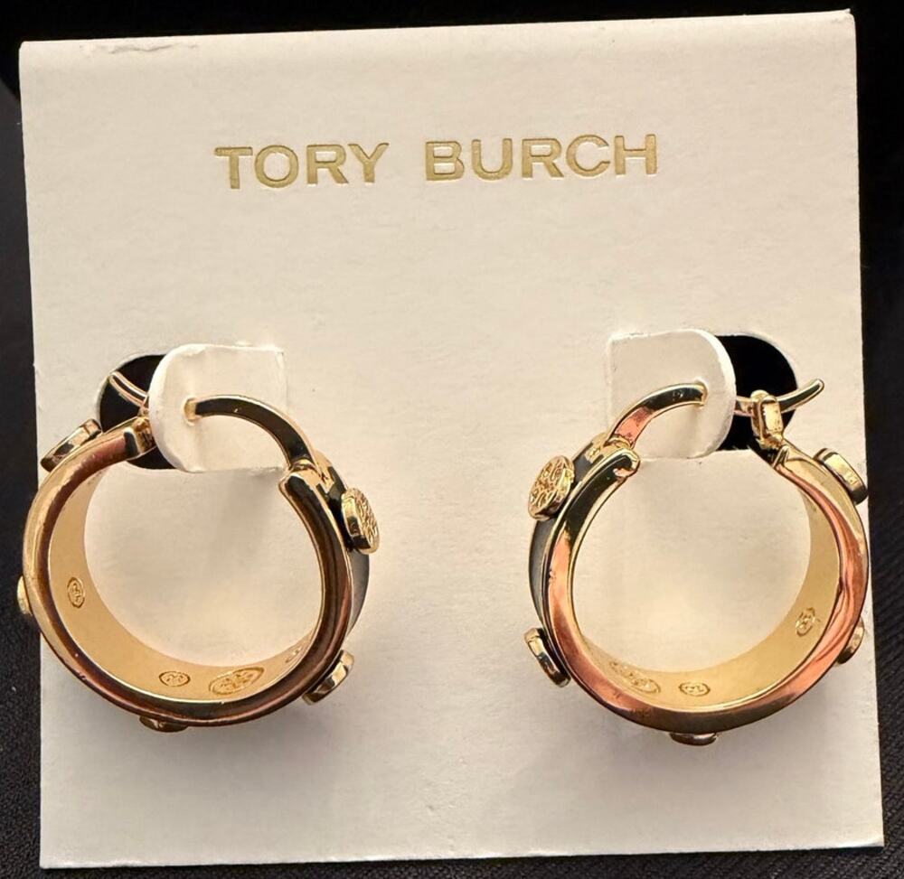 NWOT Tory Burch Miller stud 1” hoop earrings black enamel coating and gold-tone